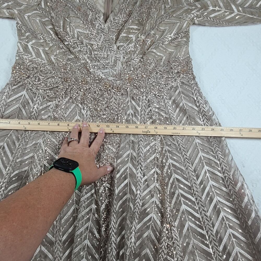 Mac Duggal 20189 Chevron Embellished Long Sleeve Gown Taupe Size 16 Formal - Picture 12 of 16